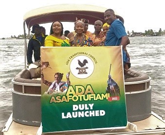 Sarah Dugbakie Pobee (left), the District Chief Executive for Ada East, joined by Franklin Sowa (right),  Director, Marketing and Sales, GCGL, and other traditional leaders at the launch of the 2022 Asafotufiami